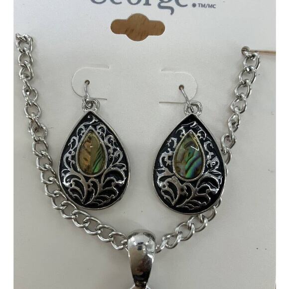 George Antique Silver Teardrop Abalone Earrings Necklace Set Fashion Jewelry NEW - Picture 3 of 5